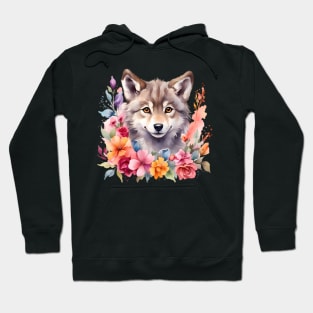 A wolf decorated with beautiful watercolor flowers Hoodie